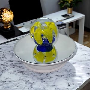 Vintage Round Art Glass Ball Paperweight Cobalt/Yellow Flower 3.5” tall